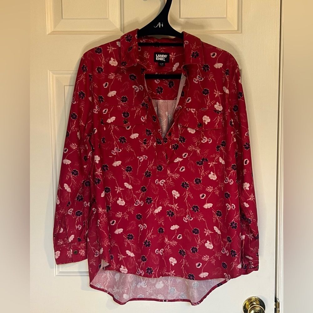 Lands' End Women's Red Floral Pullover Top Sz Large